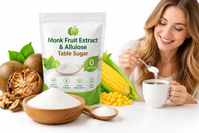 Monk fruit extract and D-allulose blended into a granulated tabletop sugar replacer