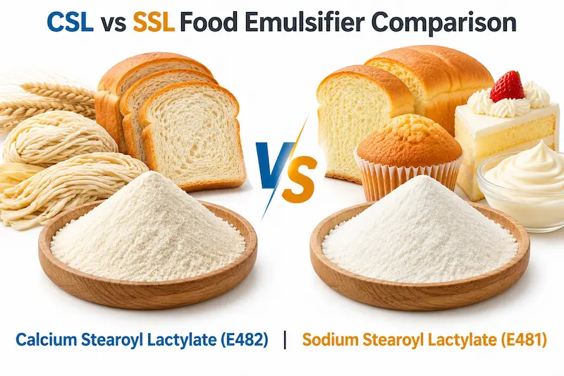 Food emulsifier comparison of calcium stearoyl lactylate (CSL) and sodium stearoyl lactylate (SSL) powders