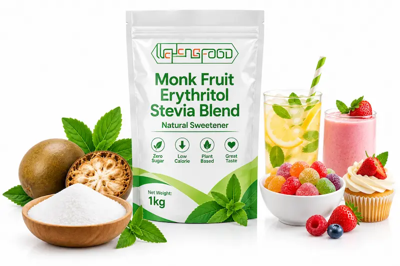 Monk fruit, stevia leaf, and erythritol blended into a natural zero-calorie sugar replacement sweetener