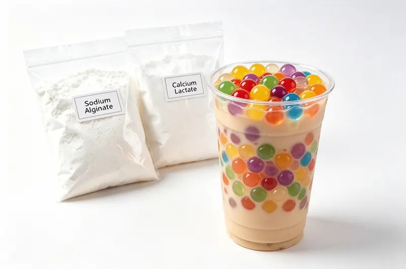 Sodium alginate and calcium lactate used to make popping boba through spherification